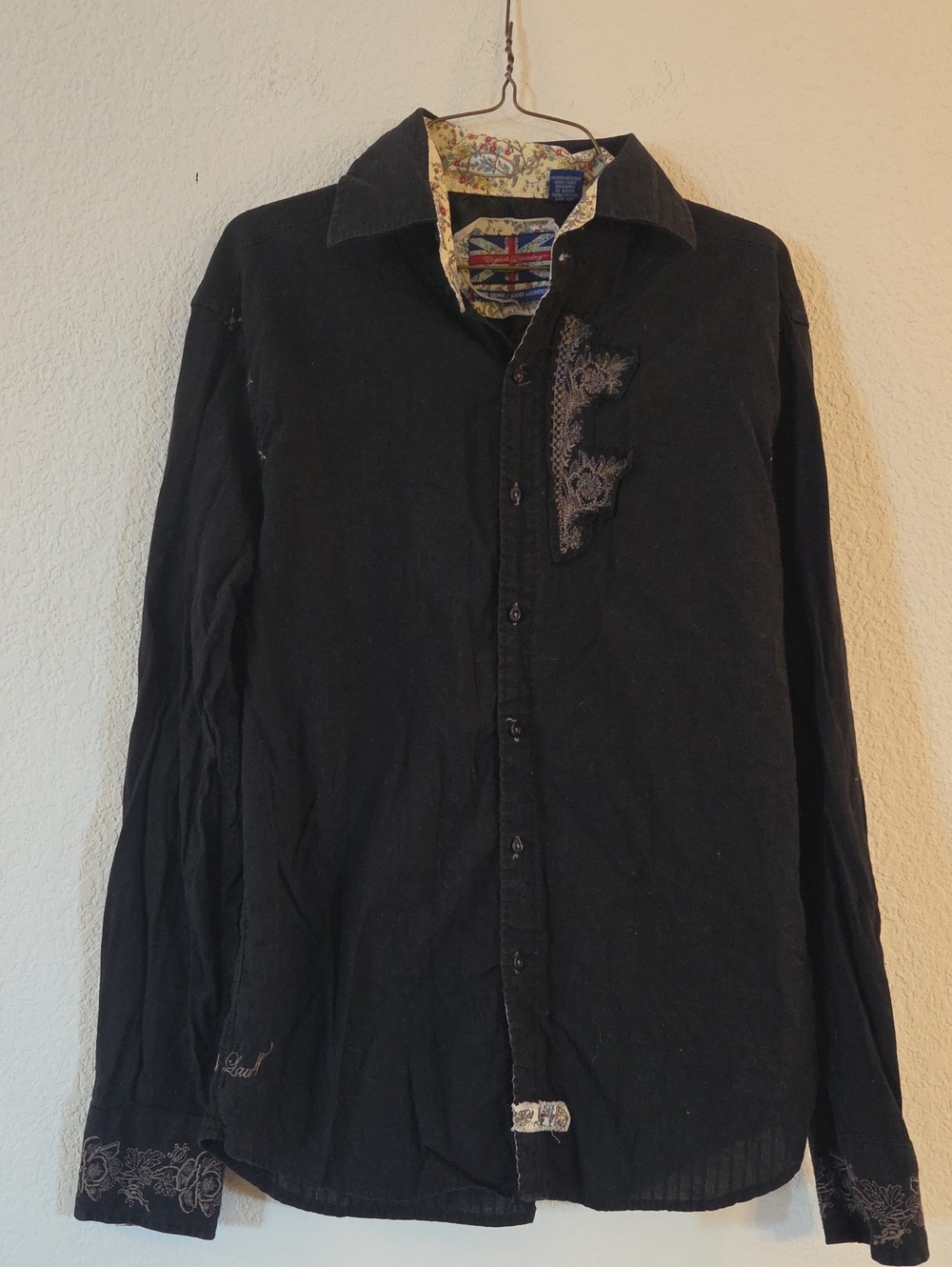 English Laundry Black Men's Casual Button-Down Shirt with Embroidered Accents